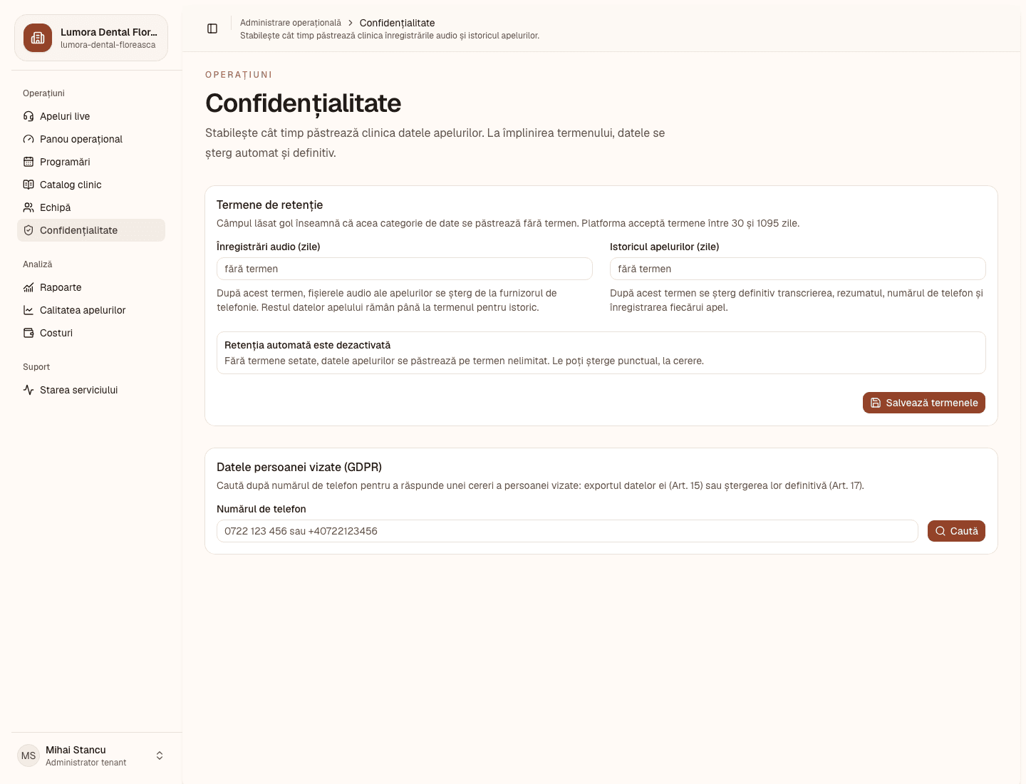Confidențialitate: termenele de retenție pentru înregistrări audio și istoricul apelurilor, și căutarea după număr pentru cererile GDPR
