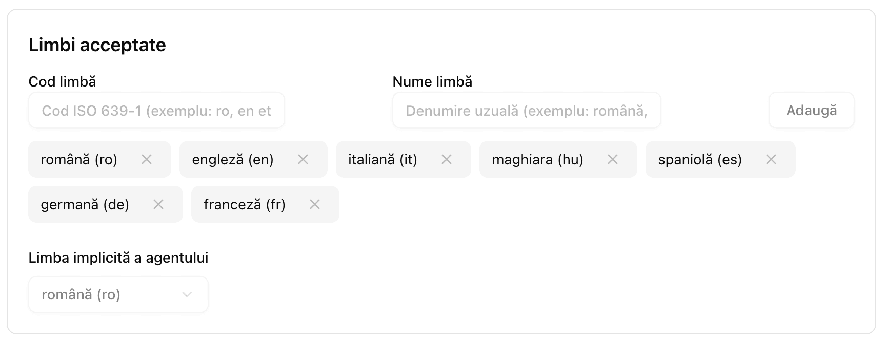 Configurarea limbilor acceptate si a limbii implicite pentru agent in receptie-clinica.ai