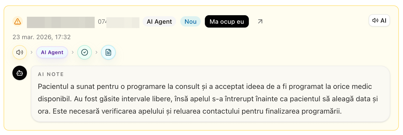 Apel marcat ca necesitand atentie din partea receptiei in receptie-clinica.ai