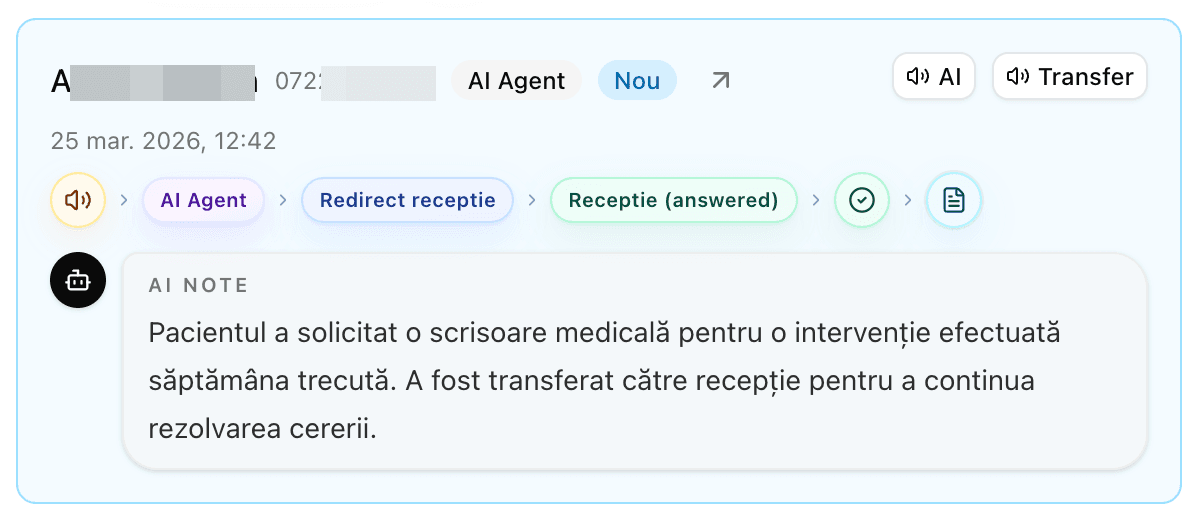 Orientare a pacientului si transfer catre receptie in receptie-clinica.ai