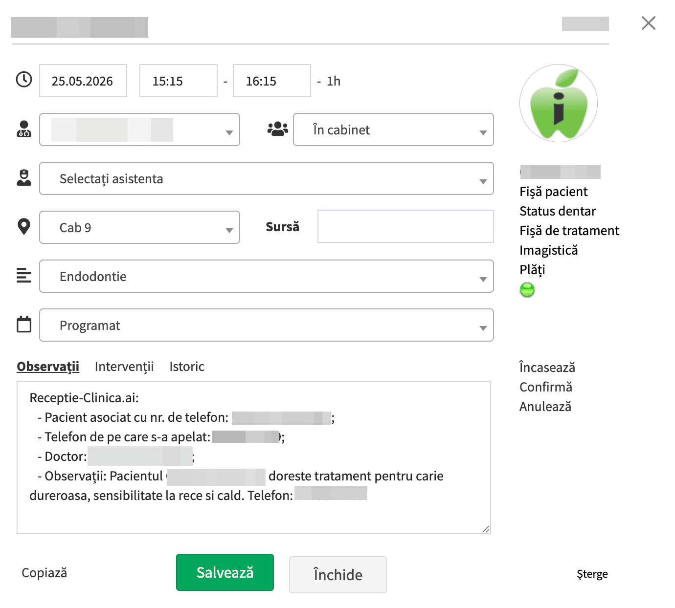 Programare integrata cu iStoma si observatii completate automat