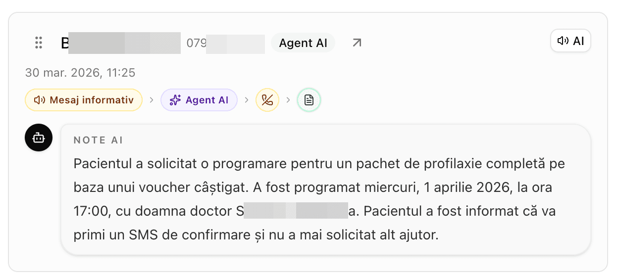 Transfer al unui apel administrativ catre receptie in receptie-clinica.ai